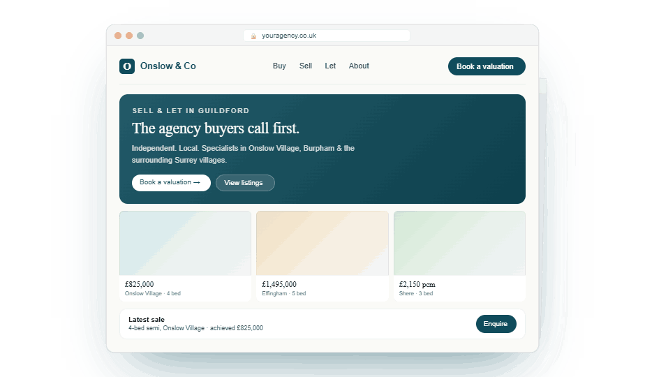 Mockup of an Onslow & Co. agency homepage. Clean Buy / Sell / Let nav, a teal hero panel reading 'The agency buyers call first.', three tonal listing tiles below, and a Latest sale strip with an Enquire button. Example of the kind of conversion-first site we build.