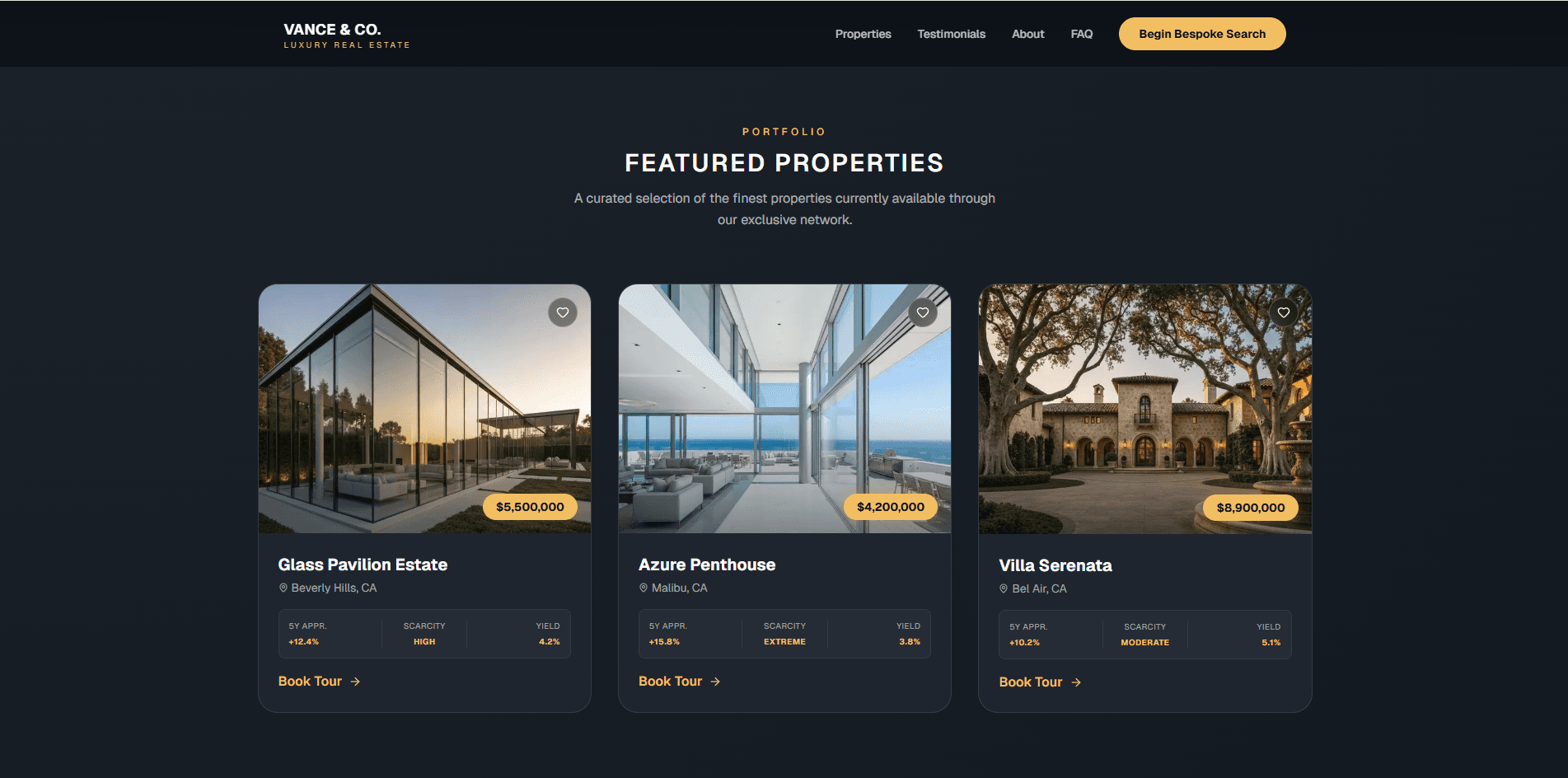Screenshot of a conversion-first agency landing page. Clean horizontal nav, single-line serif headline, three property cards with prices, one prominent enquiry CTA.